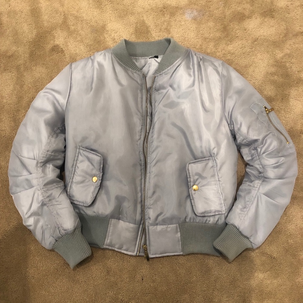 Boohoo baby blue silver bomber jacket